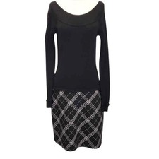 White House Black Market Sweater Dress 10 Black Plaid Mixed Media Buckle Cuff