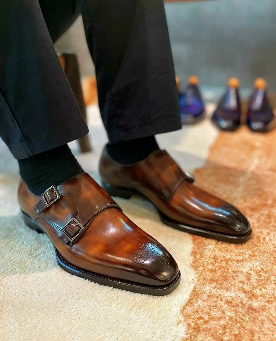 Handmade Men s Brown Cowhide Leather Double Monk Chisel Toe Formal