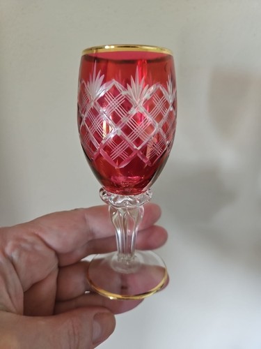 Cut To Clear Vintage Red Cordial Cranberry Glasses Set Of 2 Bohemian 50s - Picture 2 of 11