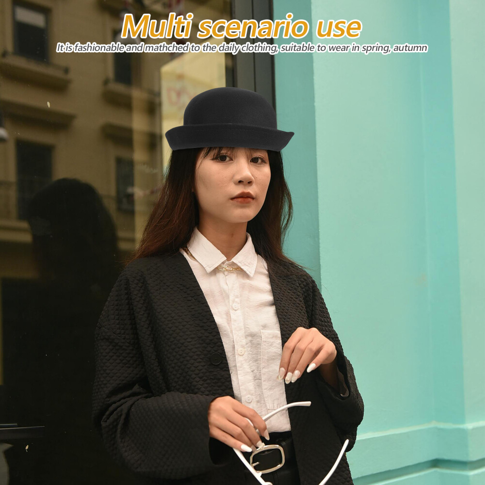 Women's Girls Roll-up Brim Wool Dome Hat Bowler (Black) Winter