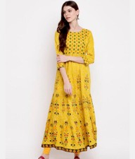 Indian Pakistani Printed Rayon Tiered Kurti Sz 42 XL Yellow US Seller