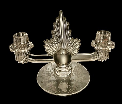 Pair Vintage Art Deco Etched Fostoria Flame Glass Double Candlesticks 10” Long - Picture 4 of 10
