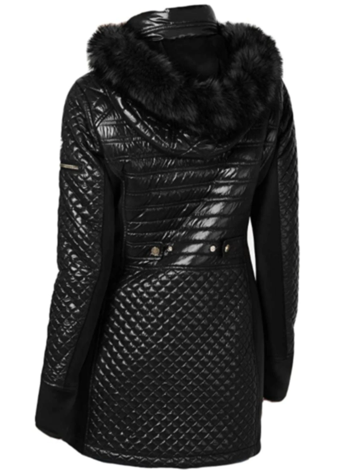 Cappotto con cappuccio Michael Kors nero trapuntato misto misto finiture in pelliccia sintetica taglia M