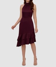 Adrianna Papell Women's Red Satin Crepe Ruched Halter Asymmetric Dress Size 14