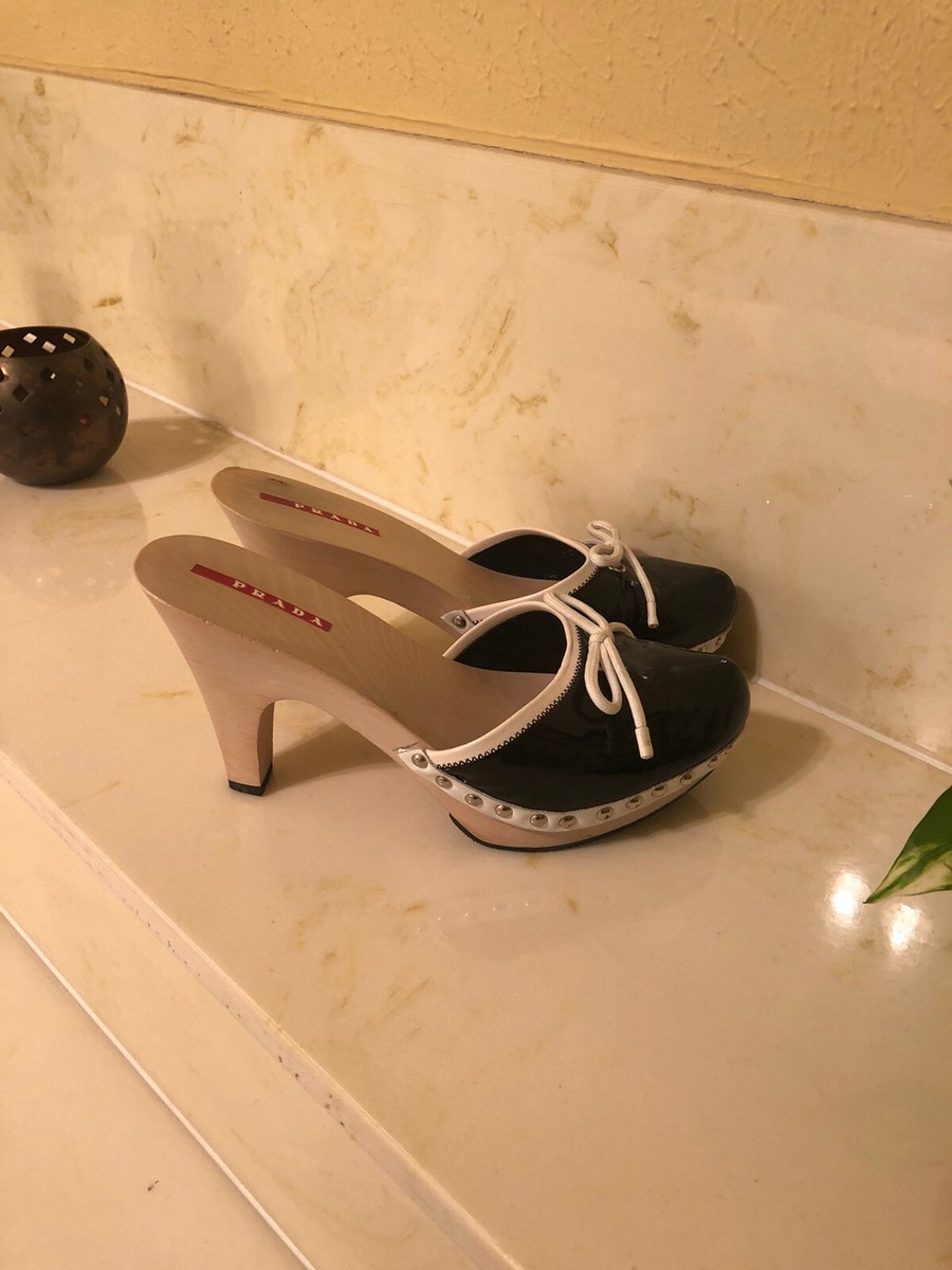 PRADA - Black White Patent Leather Studded Wood Platform PRADA - Black White Patent Leather Studded Wood Platform