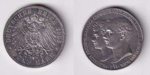 5 Mark Silbermünze Mecklenburg-Schwerin 1904 Hochzeit Jäger 87 Stgl. (165801)