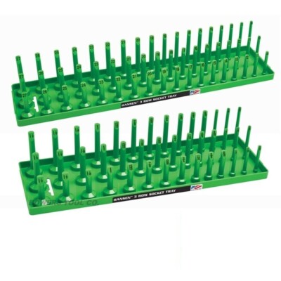 Hansen 1/2'' Socket Tray Organizer Holder Set 3 Row Metric SAE Shallow Deep Green