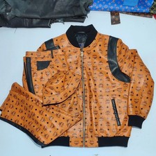 Vintage MCM Brown Leather Tracksuit Jacket Pants Bucket Hat Set Monogram Logo