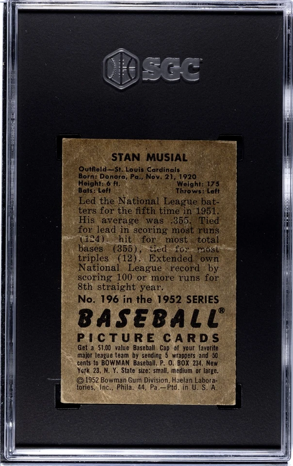 1951 BOWMAN #196 STAN MUSIAL SGC 1 POOR - Image 2 of 3