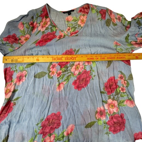 Zac & Rachel Top 2X Pullover Flowy Blue Stripped Floral Neck 3/4 Bell Sleeve - Picture 3 of 7