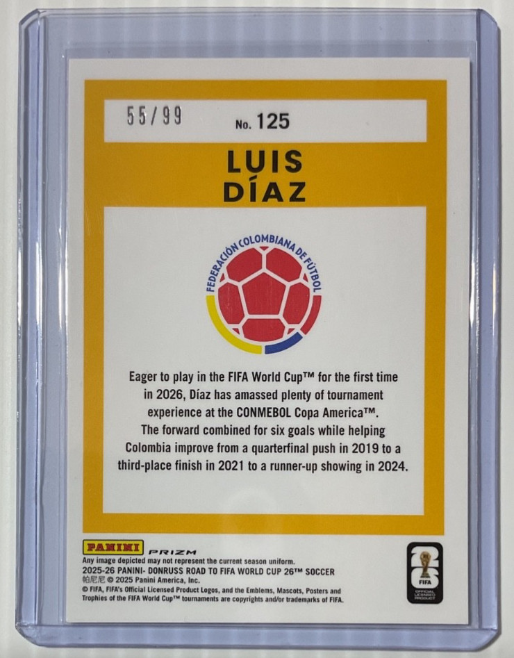 2025-26 DONRUSS OPTIC LUIS DIAZ#125 PINK LAZER 55/99 COLUMBIA FIFA WORLD CUP view 3