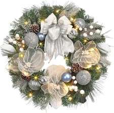 Lighted Christmas Wreath for Front Door with 20 LED Lights,22Inch Prelit Christm