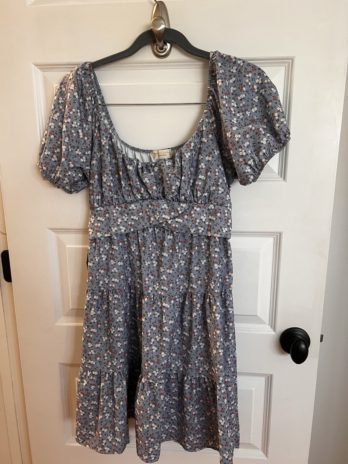 Altar'd State Dusty Blue Floral Tiered Dress with Coral Accents Size L