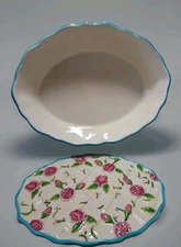Temptations Tara Rose & Lattice Floral Pink & Turquoise Oval Baker & Trivet 11"
