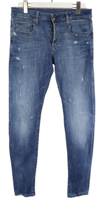 G-STAR 3301 Slim Herrenjeans W31 L32 Blau Knopf Fly Stretch Distressed