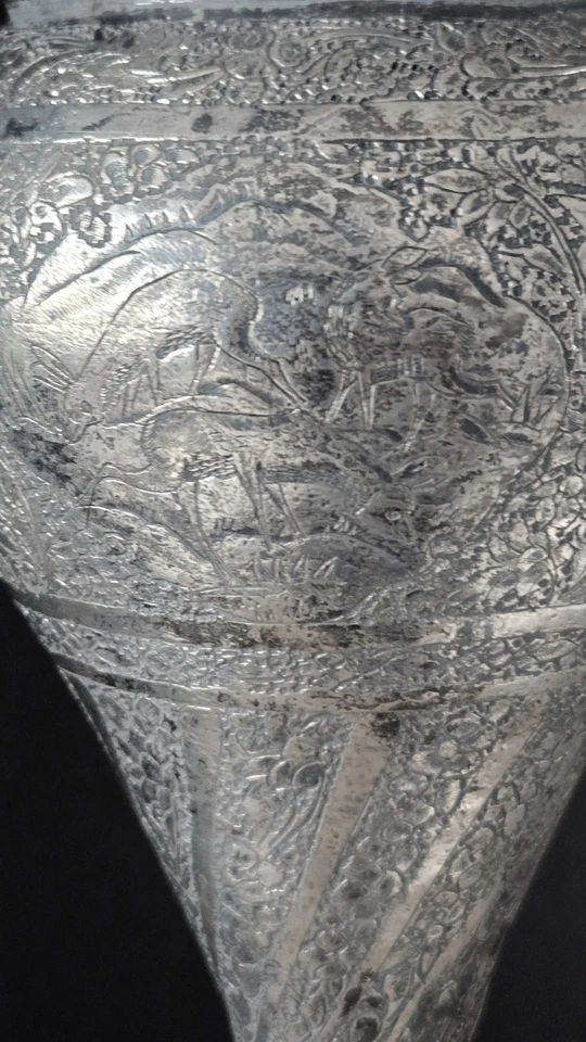 Jarrón grande genuino antiguo de Oriente Medio de plata maciza diseño árbol de la vida Foto 3 de 4