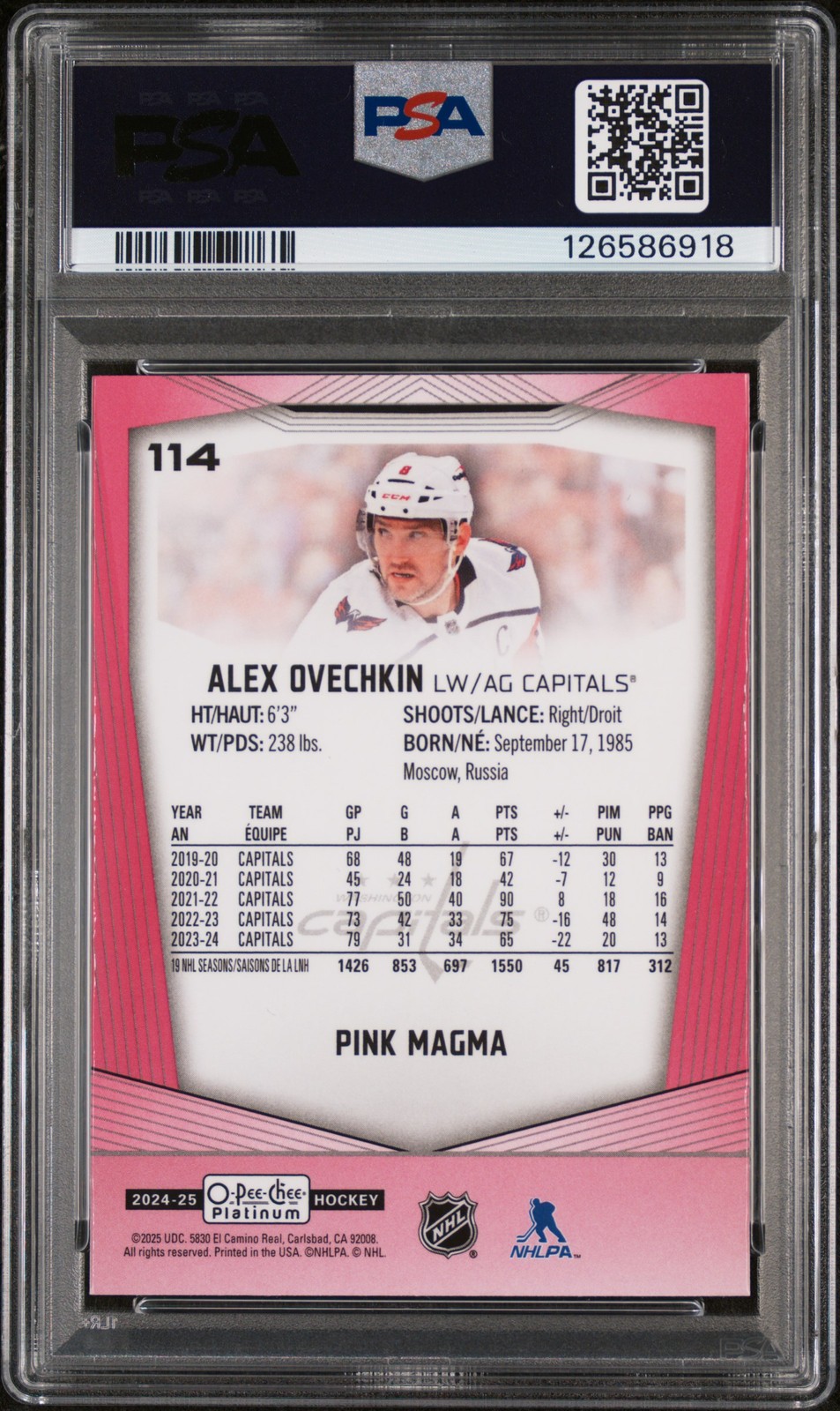 2024 O-Pee-Chee Platinum Alex Ovechkin Pink Magma PSA 10 #114 Alexander Upper view 2
