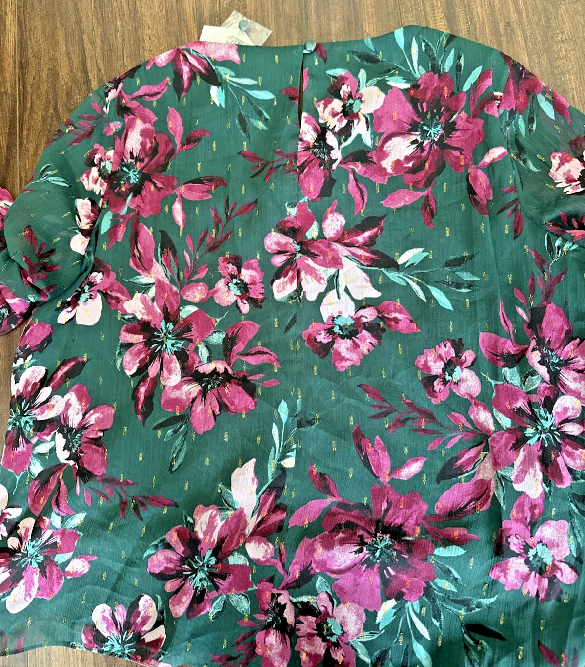 Kasper Women's Petite Ruffle Sleeve Floral Printed Blouse Top Green Plum  PL