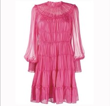 ULLA JOHNSON Emmeline Dress Mini Tiered 100% Silk In Fuchsia Size 8