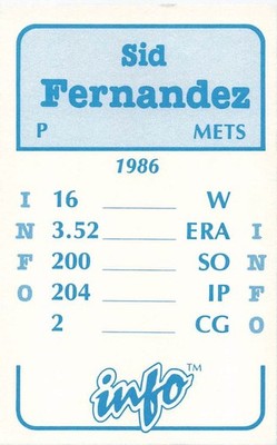 Sid Fernandez 1987 INFO BASEBALL Game Card - New York Mets