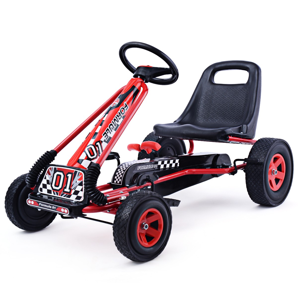 Honeyjoy Go Kart 4 Wheel Pedal Powered Kids Ride On Toy w/ Adjustable Seat Red