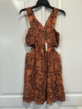 The Piper Bandeau Anthropologie Medium Orange Tropical Cutout Mini Flowy Dress