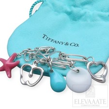 Raro Bracciale Vintage Tiffany & Co. 5 Charm Elsa Peretti Argento Sterling Giada