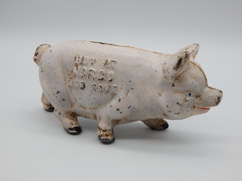 Antique Cast Iron ADVERTISING PIG BANK BUY AT NORCO AND SAVE Pottstown, PA TF572