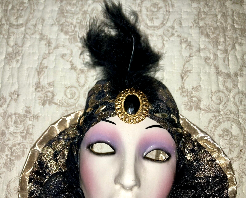 San Fransisco CLAY ART Vintage Ceramic Face Mask Black Feather Wall Art