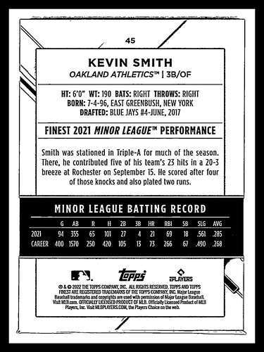 2022 Topps Finest #45 Kevin Smith Base Rookie Card RC Oakland Athletics - Picture 2 of 2