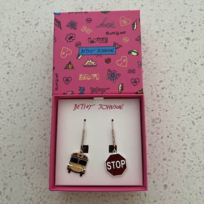 Betsey Johnson Gold Tone Crystal School Bus & Stop Sign Mismatch Drop Earrings