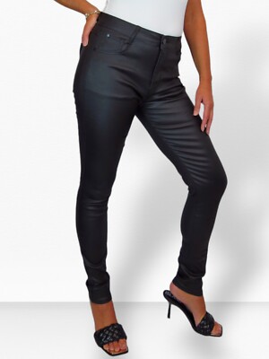 Damen High Waist Lederoptik Jeans Stretchmaterial Wetlook 10-22