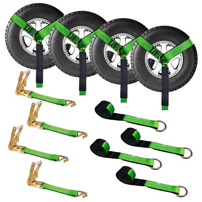 USA 4 Set 2'' x 10' Side Mount Wheel Net Tie Down Ratchet Strap w/ J Hook Green