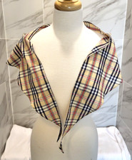 Vintage Retro Red Cream Blue Plaid Triangle Scarf Cotton 53x13.5" Pristine YK