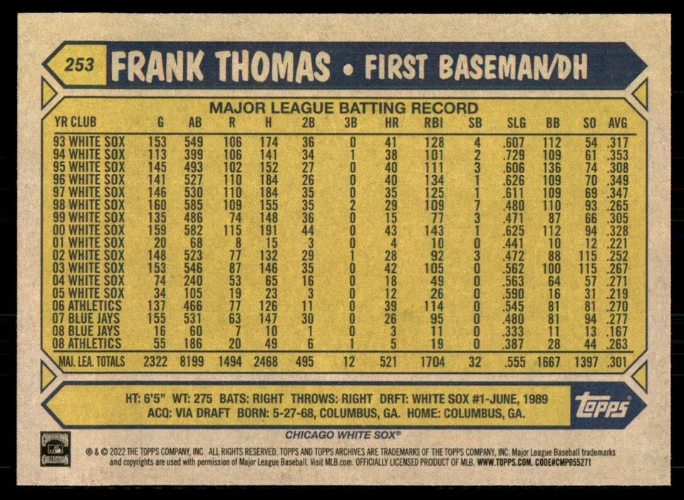 2022 Topps Archives 1987 Frank Thomas #253 . Chicago White Sox - Image 2 of 2