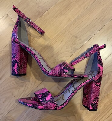 Sam Edelman Yaro High Block Heel Sandal Pink Snake Print