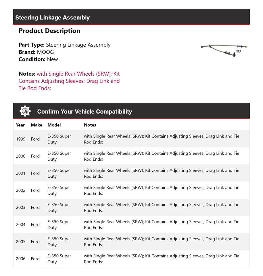 Conjunto de acoplamiento de dirección MOOG 1999-2006 Ford E-350 Super Duty 1999-2006 Foto 2 de 4