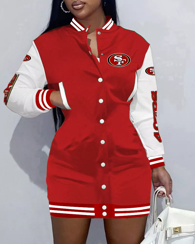 San Francisco 49ers Womens Varsity Jacket Dress Button Basic Casual Jacket  Coat