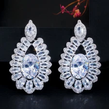Silver Plated Cubic Zirconia Crystal Long Drop CZ Sterling 925 Silver Earrings 