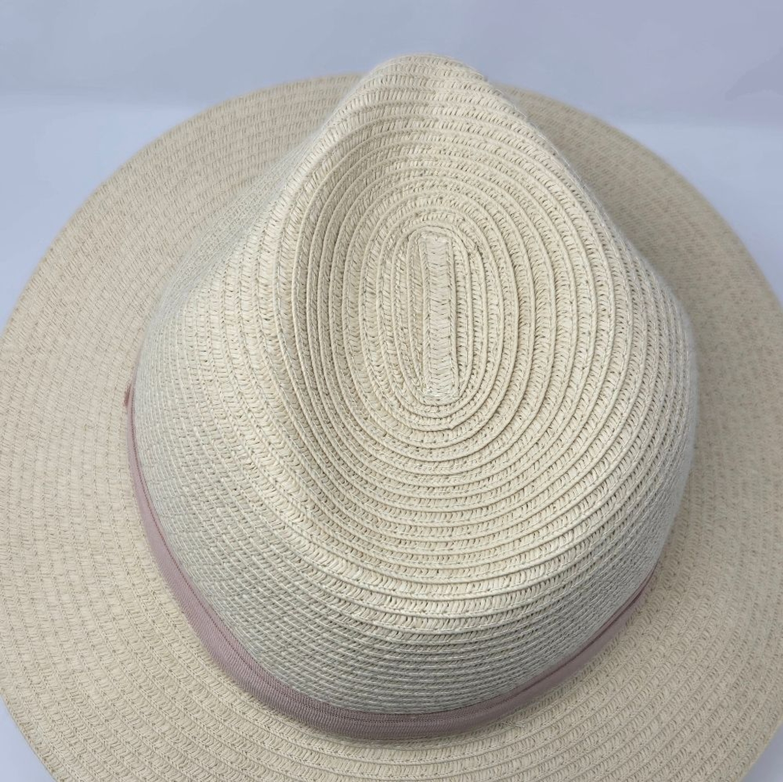H&M NATURAL PAPER STRAW CREAM FEDORA DUSTY ROSE PINK RIBBON BAND WOMEN LARGE 58