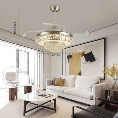 LED Crystal Chandelier Invisible Ceiling Fan Light Retractable Blade+Remote 42'' 
