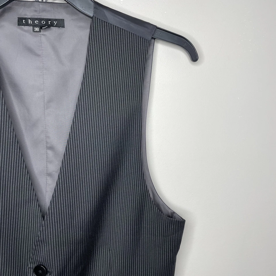 THEORY Vest Men 38 Striped Wool Waistcoat Cinch-Back Formal Charcoal Classic - Image 2 of 4