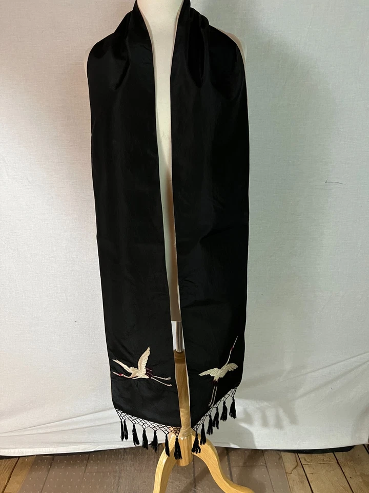 Antiguo cuello de 1920 o para bufanda de vestir negro seda pájaros flecos aleta 94" x 8" Foto 2 de 4