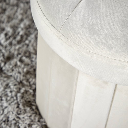 Beige Round Ottoman Storage Box Folding Seat Foot Stool Button Detailed Lid - Picture 6 of 7