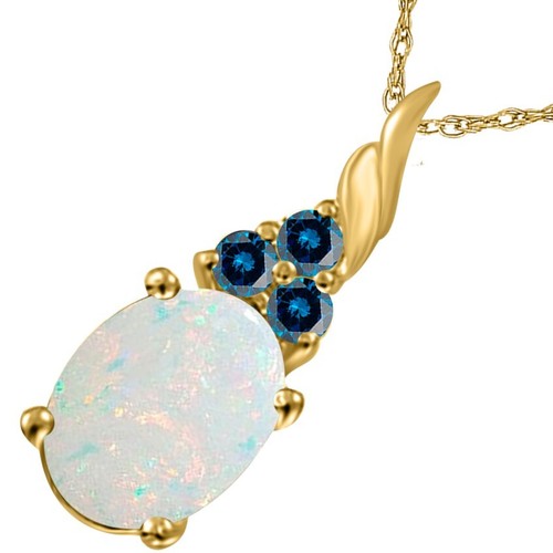 1.36Ct Created Opal & Blue Diamond Pendant Necklace in 14KGold with BoxChain - Picture 25 of 27