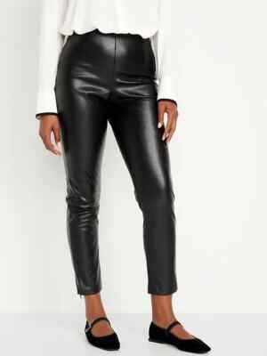 Old Navy Faux Leather Skinny Pants Womens Petite Black Ankle Zip Stretch  NEW