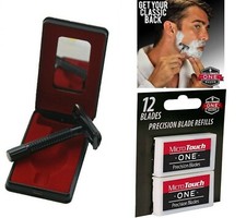 Micro Touch Mens Razor Shaver Stainless Trimmer 12 Blades Travel Case- Mirror