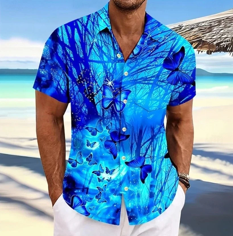 Men's Butterfly Tropical Plants Neon Glow Summer Hawaiian Shirt Button Up Shirt