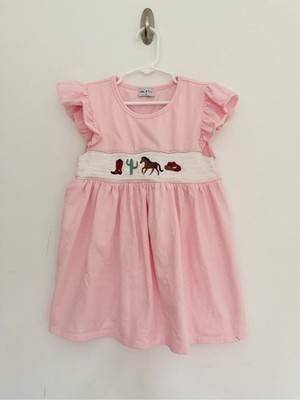 Abby & Evie Girl s Pink Babydoll Dress w Smocked Waist & Embroidered Horses Sz 5