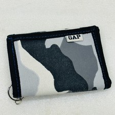VTG Y2K GAP Gray Black White Camo Hook Loop Trifold Wallet w/ Key Ring VG